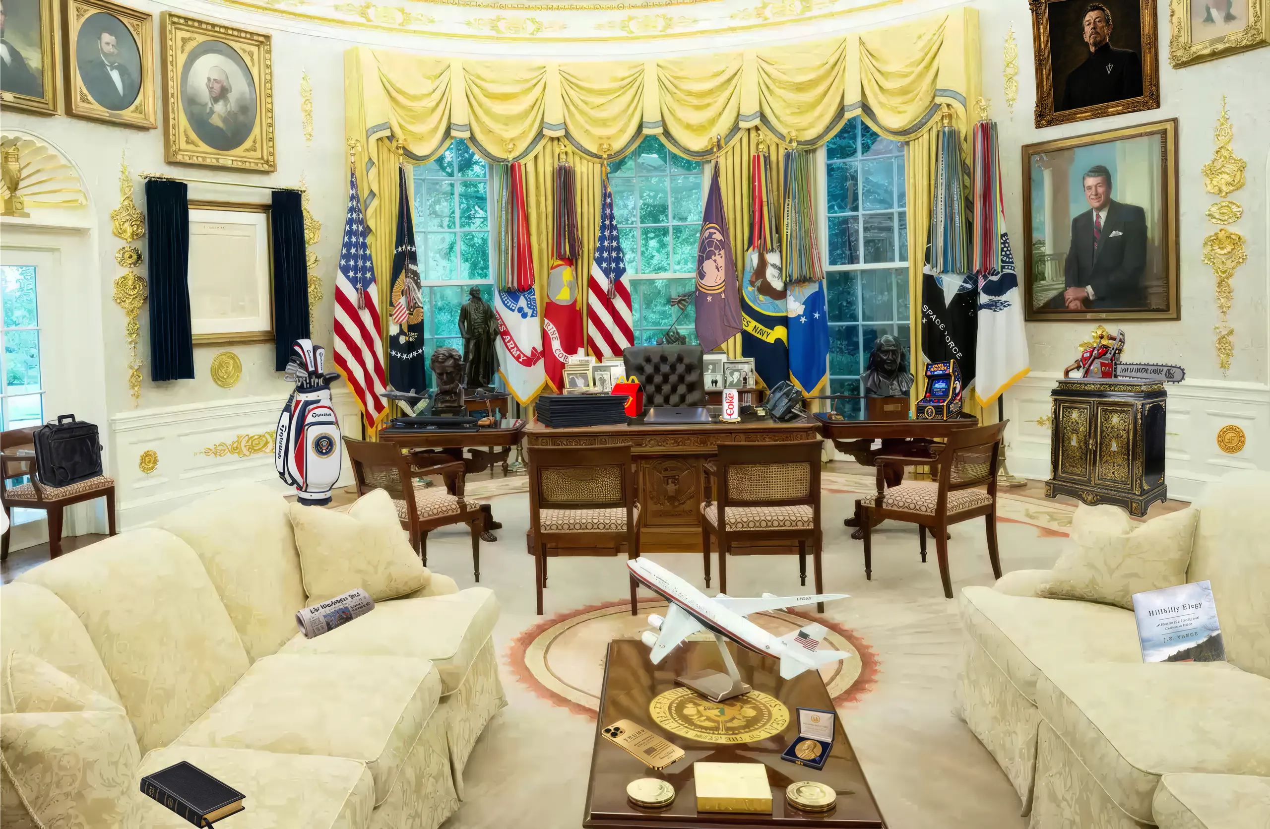 Satirical composite of the Oval Office